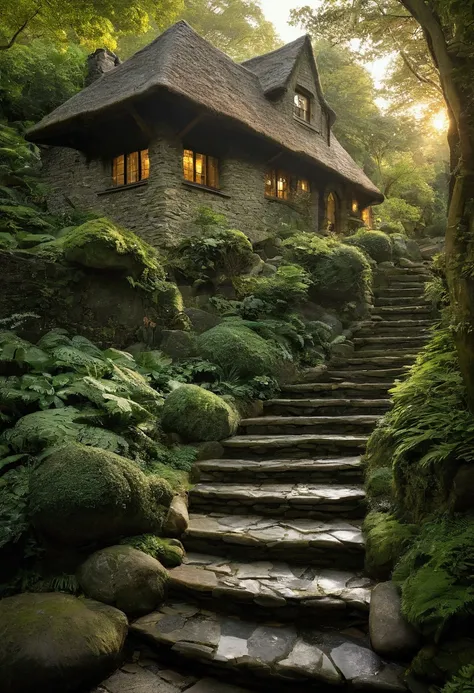 “A magical woodland cottage nestled deep within a lush forest, exuding a cozy and enchanting vibe. The cottage features steep, slate-tiled roofs and warm, glowing windows that emit a welcoming golden light, suggesting a warm, inviting atmosphere inside. Ou...