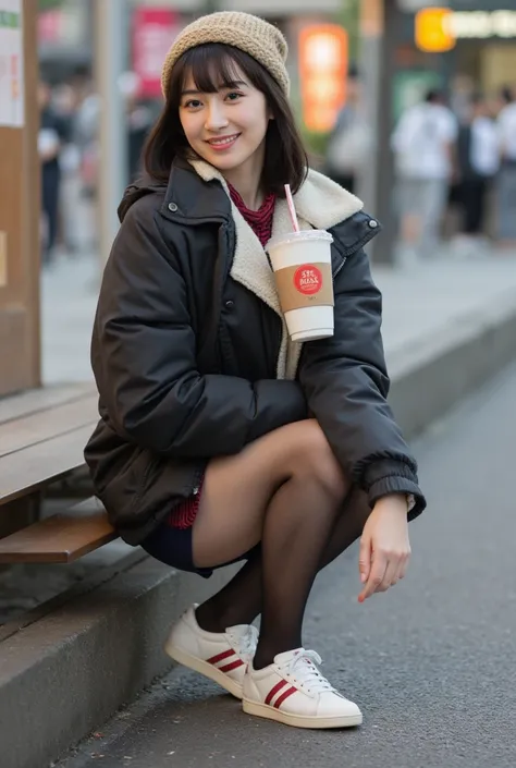  Japanese beautiful actress、 beauty、Black Bob Hair、Knitted hat、 wearing a down jacket over shirts、Big Breasts、miniskirt、 Bare legs、 beautiful feet、 sneakers、 having a hand in her pocket、 downtown of Tokyo、full body、masterpiece、 top quality 、 super detailed...