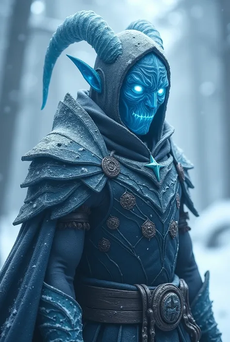 A dark elf ice wizard with a face carved from glistening ice, eyes that gleam with the cold intensity of the arctic, adorned in armor encrusted with frost and wielding powers that summon blizzards and icy tempests.