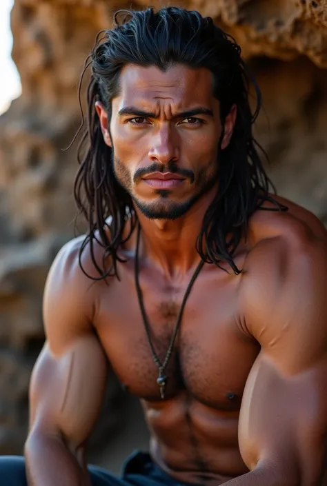 A sexy man with strong muscles with long hair tied behind his head. His features are rural from Moroccan Nador