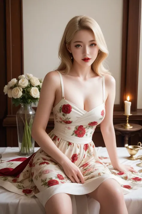 In an intimate, candlelit dining room, the young Korean woman glows softly amid the flickering light. She sits at a beautifully adorned table, draped in a delicate white tablecloth, while her long blonde hair flows elegantly past her shoulders, framed by t...