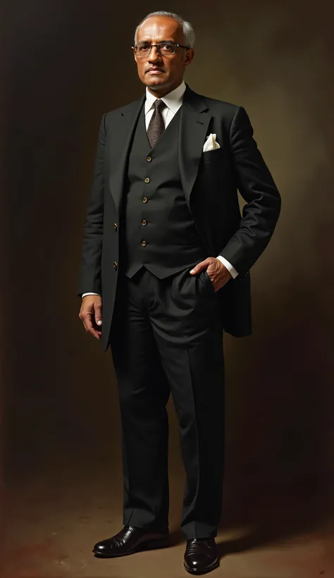 A full-body oil painting in a Renaissance-inspired style, depicting Sir Purshottamdas Thakurdas standing in a poised and dignified manner from head to toe. He is dressed in a dark, impeccably tailored suit, paired with a crisp white shirt and a neatly knot...