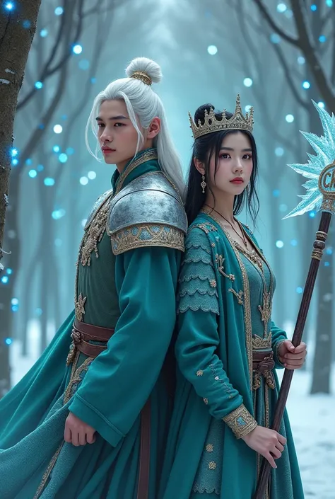 A young couple of Korean warriors, handsome and beautiful, mystical with polar royal crowns, the mans white hair in a bun, the womans long flowing hair with a polar royal crown, both wearing silver peach and emerald armor, patrolling the forest of frozen C...