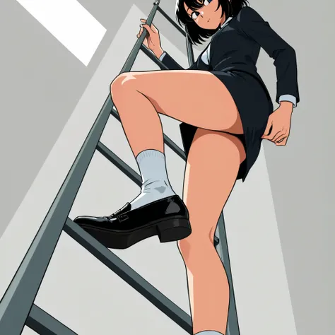 Grab the ladder with both hands.climb a ladder、、Office ladies in mini skirts climbing ladders.、from below、foot focus,Only one ladder、side view, looking at the viewer、Detailed hand、Hand、Perfect hand、Black shoes, socks、Stable_Yogis_Animetoon_Negatives