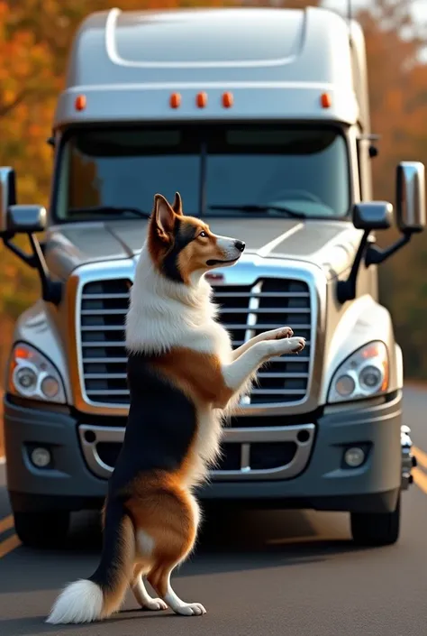 Render a lifelike image of a tricolor Border Collie standing on its hind legs, placing its front paws on the front grille of a silver semi-truck. The truck is parked on the side of a forest road, with autumn foliage visible in the background. The dogs post...