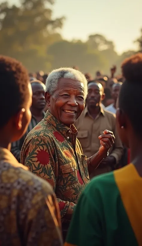    Image of Mandela smiling or talking to his people, shows peace and reconciliation .
