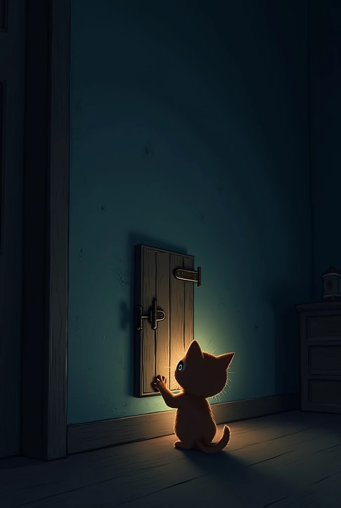 3. The Mysterious Door Appears in the Wall Scene: At night, a mysterious door appears on the wall where the kitten had been staring. Description for visual generation:
"In a dimly lit room, a small, hidden door is revealed in the wall. It looks old, with f...