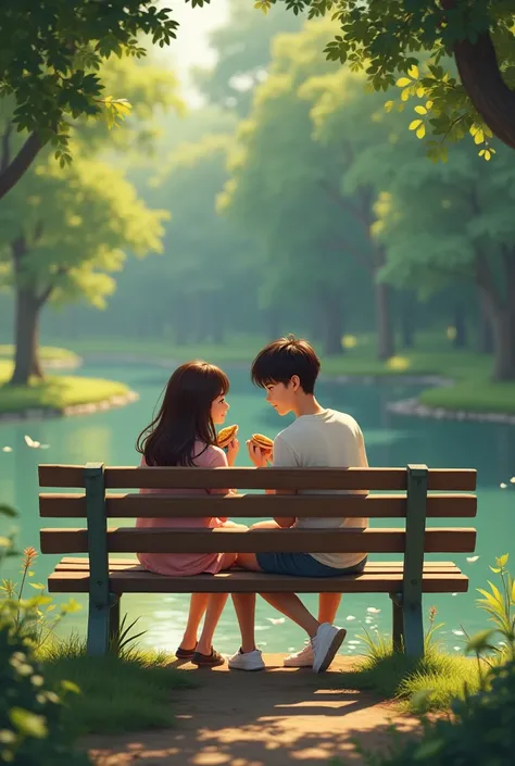 A girl and a guy are sitting on a bench near a pond and eating sandwiches