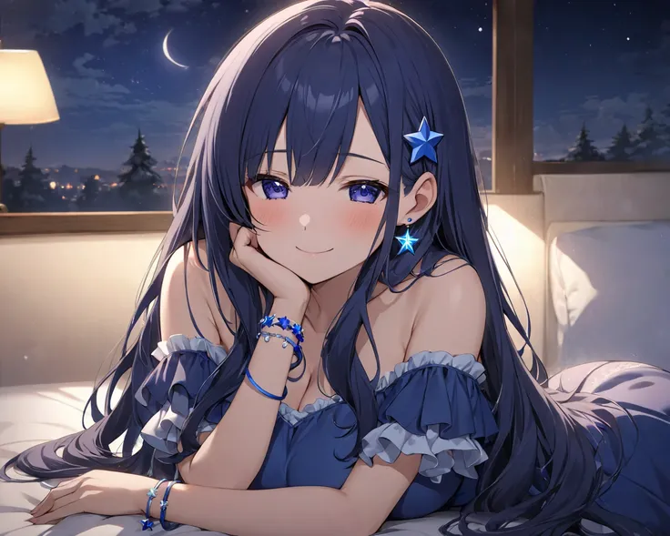 Beautiful Healing Sister Idol Closeup: Her Cheeks Are Red Tide Anime Picture Gloss Dark Navy Blue Hair Long Hair Tie Her Hair on the Side, Straight Hair, Blue Star Hair Ornament, Long Forehead, Calm Atmosphere, Friendly, Shy Face, Pleasant Smile, Blue Star...