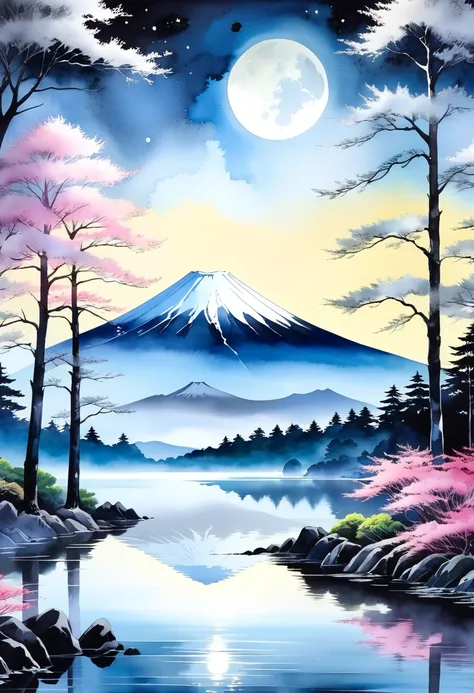 Watercolor painting, Moon and Mount Fuji highlighted by the reflection of trees in the water, digital fantasy landscape, dreamy collage, light silver and black, Flickr, airbrush art, mesmerizing color landscape, eye-catching composition style --ar 5:7 --v ...