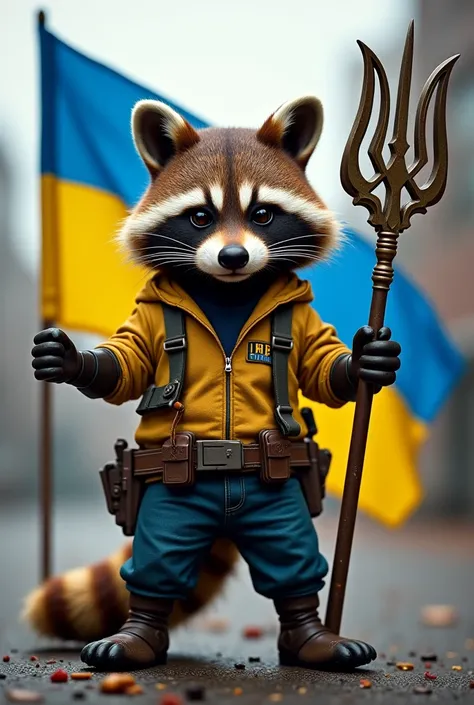 rocket (raccoon)  from the film Guardians of the Galaxy with the Ukrainian flag in one hand and a trident (the coat of arms of Ukraine )  in the form of a weapon in another . Standing in the heroic pose of a ZSU ,  who destroys a Russian warship with a tri...