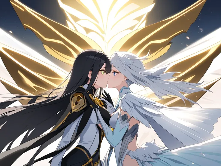 The goddess of death with long black hair and blue eyes and the platinum, yellow-green eyed goddess of the wind kiss with love