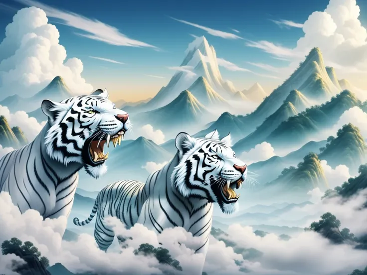 Chinese mythological story background，From the Classic of Mountains and Seas，（A white tiger with wings）Treading on the clouds，Open mouth，teeth showing