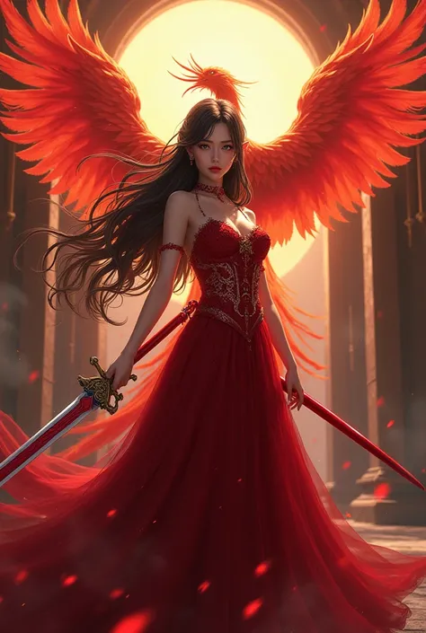 Adult anime girl wearing red majestic dress having killer aura with sword images having a phoenix in background 