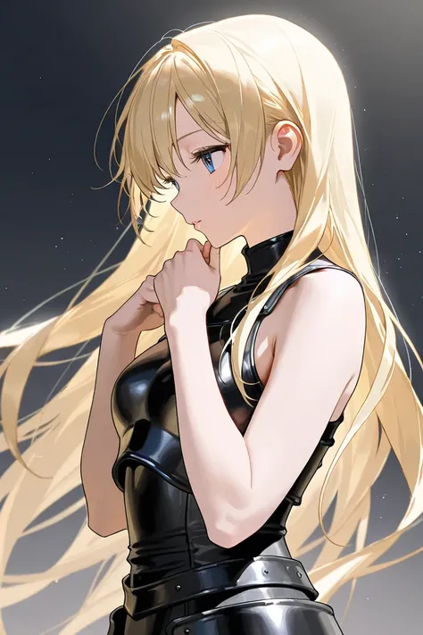 Blonde、 longhair 、 beautiful girl、from side、Sleeveless、black leather armor、bare hands