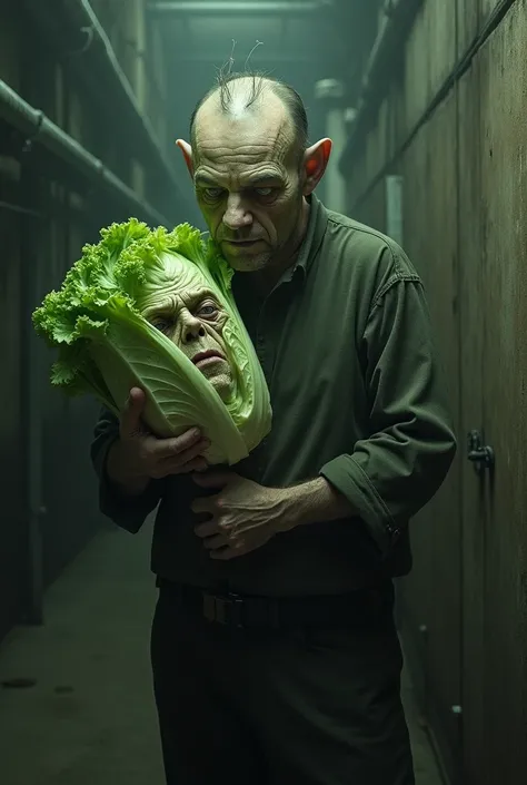 A strange-looking man ,Hold a lettuce ,  lettuce has a deformed human face, is in a factory looking gloomy .