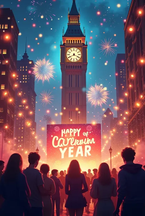  Generate an image that represents the end of the year , with a festive and colorful scene .  Include elements such as :

- A large clock that marks midnight on a tower
- Fireworks and bright lights in the sky
- People celebrating and hugging ,  with smile...