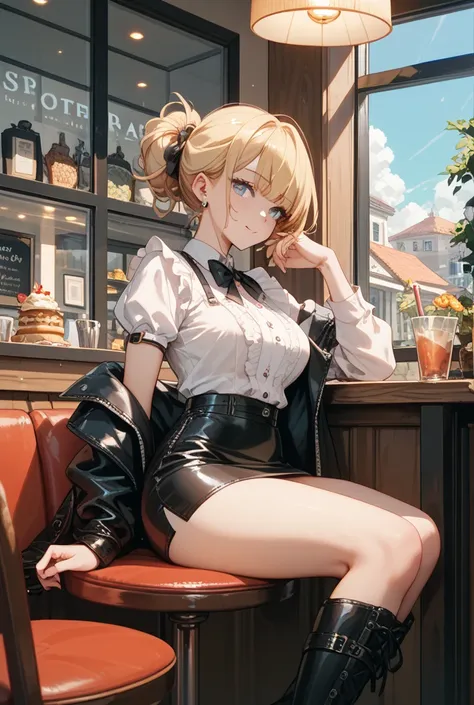 take a picture of a sexy blonde girl sitting by the window in a cafe wearing a white blouse, a black leather mini skirt and long black leather boots