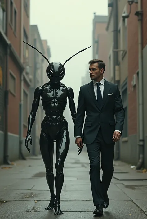 A male walks alongside a mercury ant dressed in a black suit 
