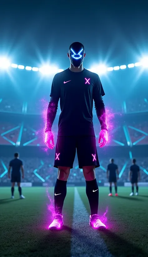 A guy named Blaidos is standing at the center of a high-stakes soccer field illuminated by harsh, bright floodlights. He wear a black mask covering all his face. The mask have blue and pink neon light making two cross at the level of eyes and a smile.The f...