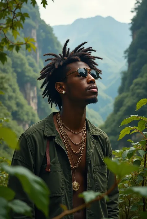 Master Flow, 26-year-old rapper with brown chains in a natural environment, surrounded by trees and mountains ,  with Olimnia and Terpsichore inspiring you.