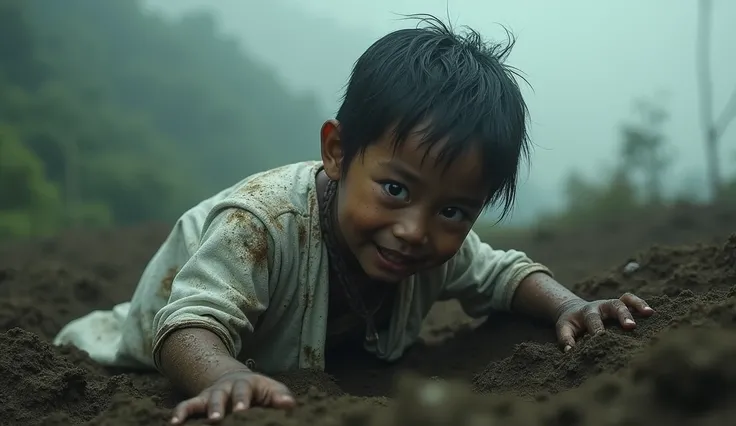 picture of a  old Indonesian boy covered in dirty white cloth,  comes out of the grave , a body full of earth , crawling hands, body buried half body