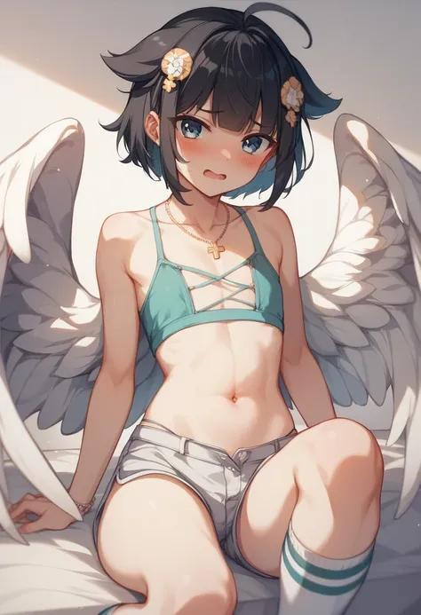 1 cute boy 、 A cute boy with angel wings、Cute appearance、 Too Short Miniskirt 、 belly button out、 Embarrassed Expression、Hairstyle like a girl 、Flat chest、 flip up miniskirt、 knee socks、 flaps his angel wings and floats up、Soar、 is floating、Hairstyle like ...