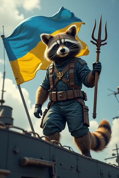 rocket (raccoon)  from the film Guardians of the Galaxy with the Ukrainian flag in one hand and a trident (the coat of arms of Ukraine )  in the form of a weapon in another . He stands in the pose of a ZSU warrior over a Russian warship defeated by a tride...