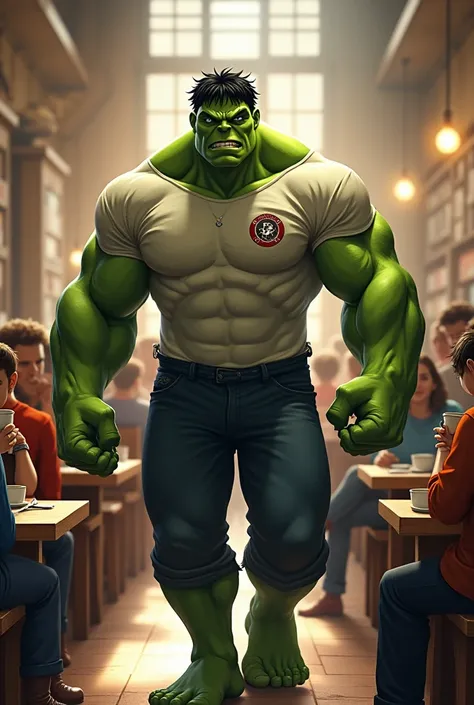 Hulk in a cafe waiter and he is Moving towards. In background lot of table and people are seating on them. In hulk body a small t shirts. In the t shirts hulk cafe painted 