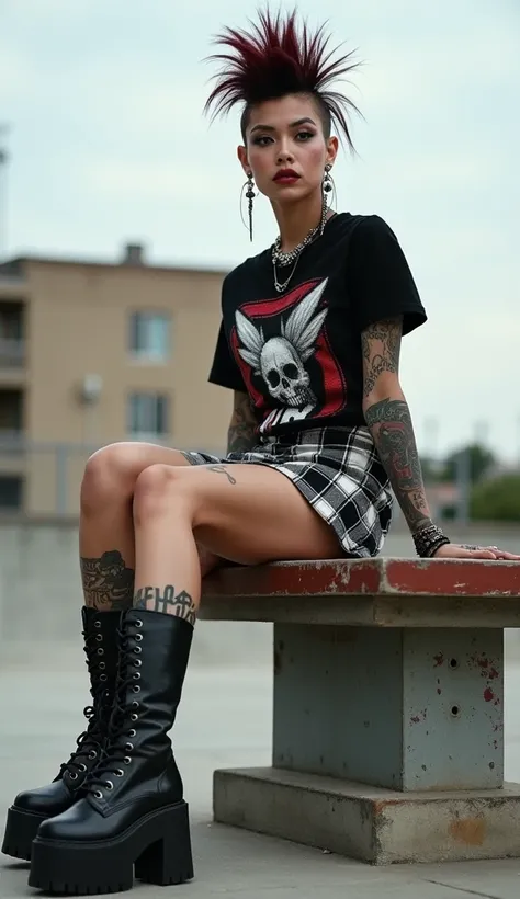 A stunning 18-year-old punk model commands attention while sitting provocatively on a weathered bench in a gritty suburban skate park. Her tall, slender figure is adorned with intricate tattoos, while her mohawk hairstyle stands proud against the urban bac...