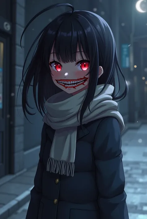 1girl, beautiful art, masterpiece, intricate details, scar across the mouth, scary teeth, seductive look, red eyes, black hair, winter clothes, scar is across the whole mouth,night time, empty street background, anime