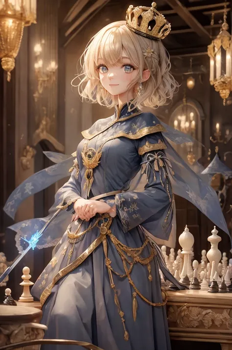 8K resolution, (best of the best) (best picture quality) a cartoon character stands in front of a chess set with soldiers standing next to her, chess piece, smile, 1girl, solo, sword, weapon, blue eyes, holding, short hair, blonde hair, crown, Maximum faci...