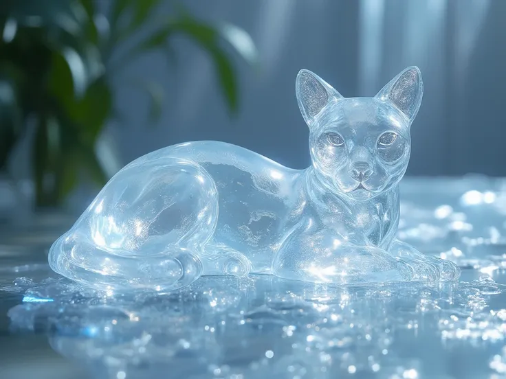 (transparent_art:2.0), a cat, made of crystal, (transparent:2.0), (clear object:2.0), see-through, on the transparent crystal table