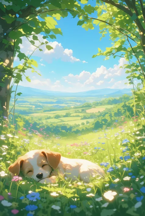 A puppy is relaxing, lush green meadow filled with colorful wildflowers, a clear blue sky overhead, distant rolling hills, and a gentle breeze rustling the leaves.
