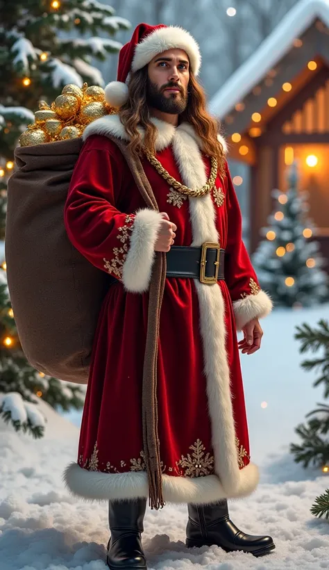 Classic and Traditional Style:
"A hyper-realistic portrait of Jesus Christ dressed in a traditional Santa Claus outfit. He wears a rich red velvet coat with white fur trim, a matching hat with a fluffy white pom-pom, and polished black boots. His long, flo...