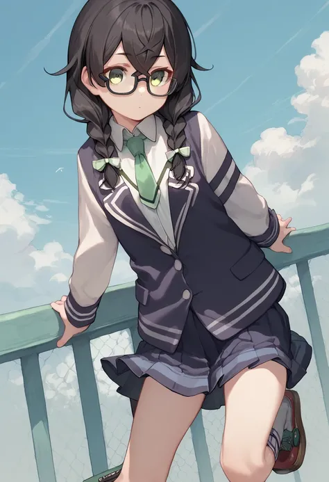 hanakuma chifuyu, glasses, black hair, blue skirt, bow, braid, breast pocket, collared shirt, crossed bangs, flat chest, green eyes, green necktie, guitar, hair between eyes, hair bow, hanakuma chifuyu, long hair, pocket, shirt, long sleeves, blazer, white...