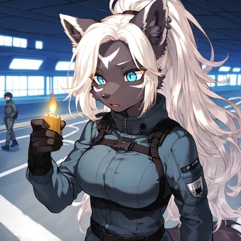 1 adult anthro wolf female 1.9), full close-up, portait, (standing confidently on an outdoor runway 1.6), walking, (dark gray fur with lighter gray markings 1.8), (sharp piercing blue eyes 1.7), (long wavy  white hair in a ponytail 1.8), (tight-fitting pil...