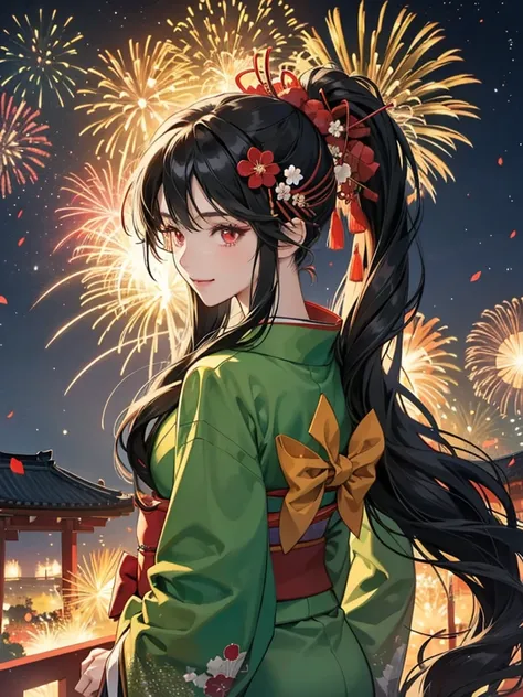 anime girl, red eyes, long black hair, wavy long hair. wear green kimono. Background at a Japanese festival at night. her hair is tied up. her hair is tied up and she wears hair flowers ornaments. in the sky beautiful fireworks. she so happy and joyfully.