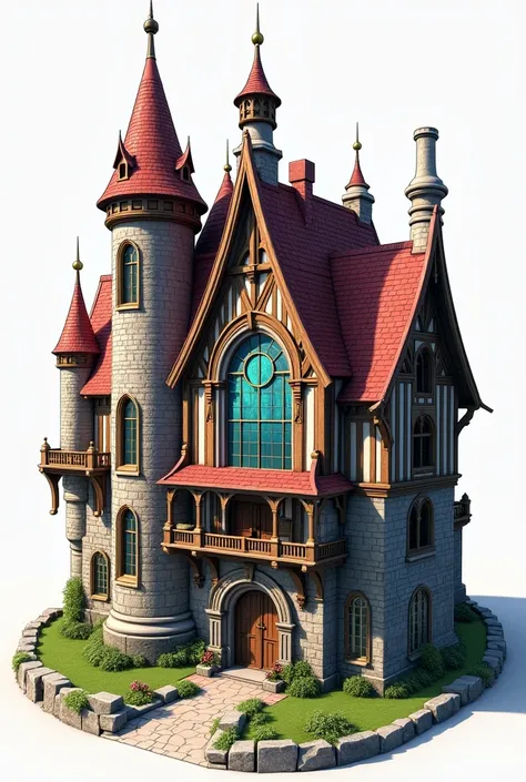 A detailed orthographic back view of a large medieval-style guild building inspired by Fairy Tail. The rear features a service entrance, a small garden, and balconies overlooking the back. The roof includes spires and chimneys, with banners hanging at the ...