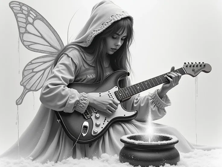 pencil drawing . A Bruxa Malvada . She conjures in the cauldron . The good fairy is mired in a web . A boa fada gries .Beautiful Beautiful Girl Playing Electric Guitar, pale winter skin, dentro do bloco de gelo, Ultra Detalhe, Unusual perspective viewing a...