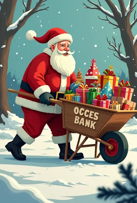 A picture of Santa pushing a barrow filled with toys for Christmas. On the barrow is boldly written: 0804668761 and then Access Bank right under it.