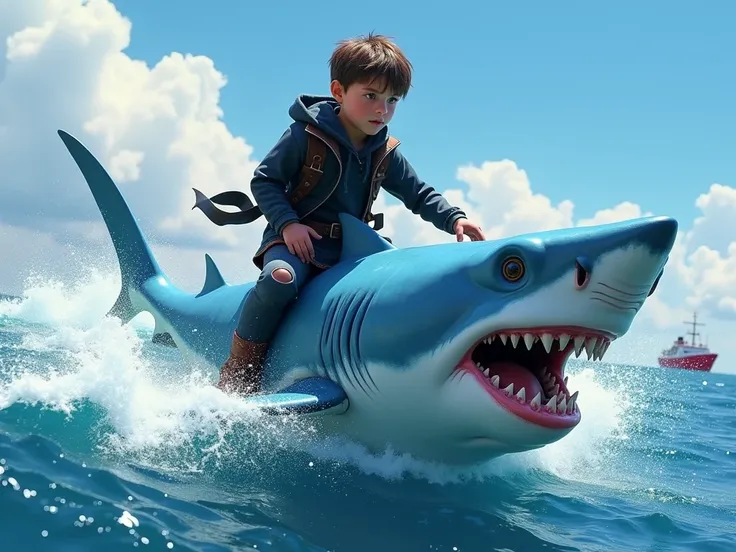 young boy (highest queltity realistic character) in a sleek, black torn old clothes wear riding a large, vibrant blue realisi shark with sharp teeth across the ocean.( highest quality shark and ocean) The scene captures intense motion with water splashing ...