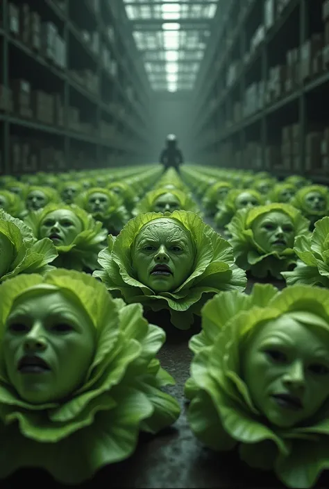 A lettuce warehouse, Do lettuces have human faces ,in a gloomy environment .