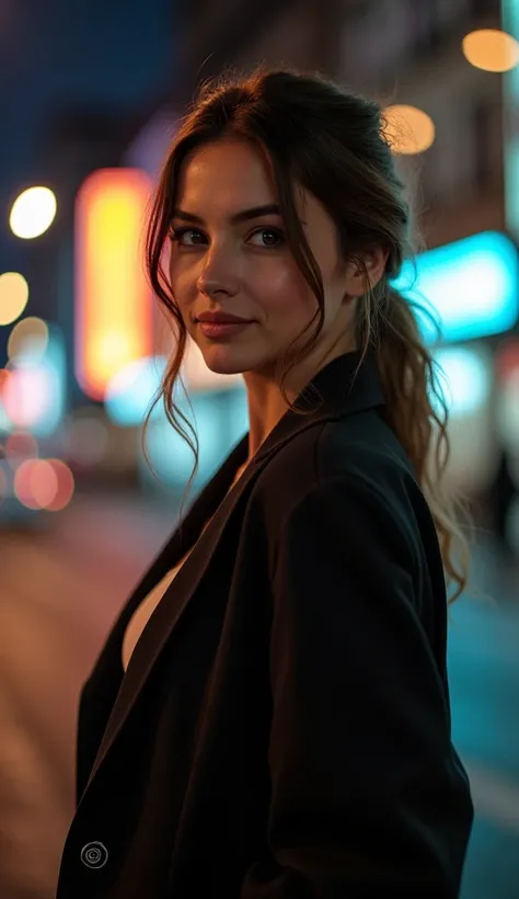 A 35-year-old woman in a professional jacket, posing in a brightly lit city street at night.