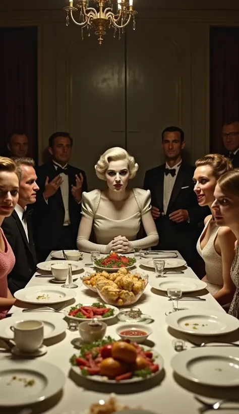 "A 1950s dinner party scene with guests seated around a lavish table. The food appears normal, but the pale hostess at the head of the table smirks ominously, her hands folded neatly. The guests’ faces are distorted and unnerving upon closer inspection."