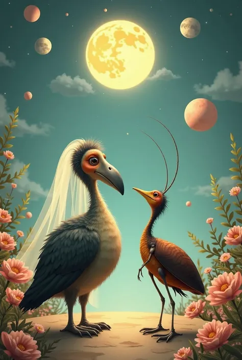  I want a dodo marrying a cockroach and above them is the moon over the cockroach and the sun over the dodo but the dodo is male and the cockroach is female, The dodo is strong and the cockroach has brown hair 