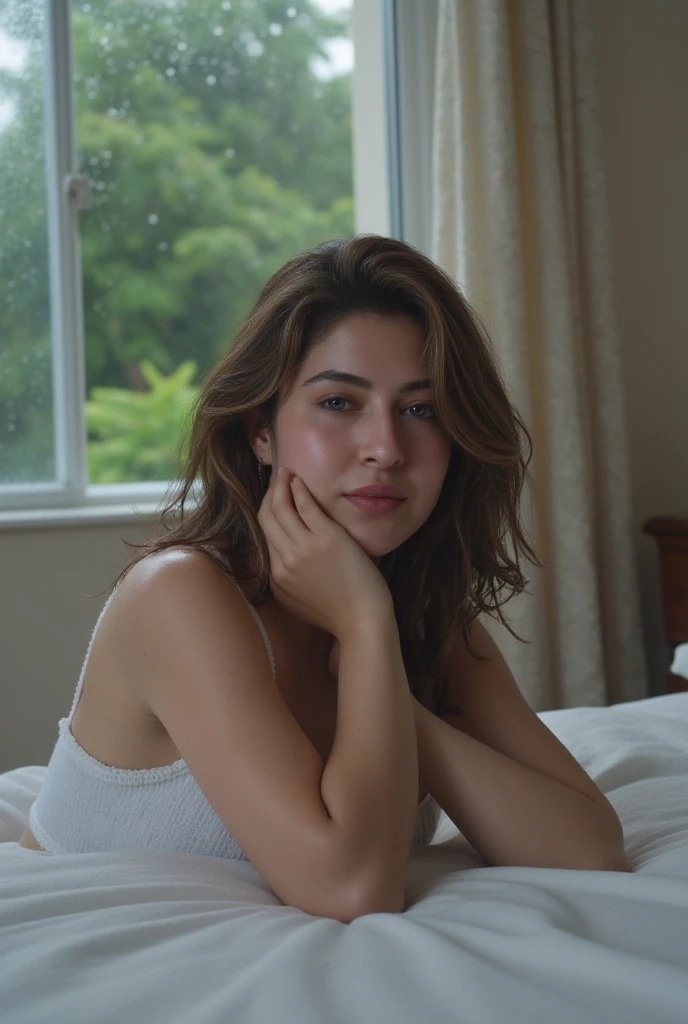  a 18 year old seductive woman, 
A cinematic scene, lying on a bed, dressed in a tight white tank top off shoulder and underwater, fringe with shoulder length hair, light make-up, looking at the camera, head resting on right arm, day scene, condensed rain ...