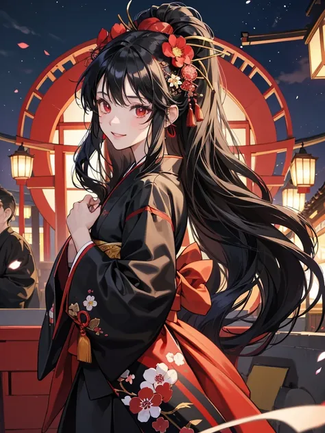 anime girl, red eyes, long black hair, wavy long hair. wear black kimono. Background at a Japanese festival at night. her hair is tied up. she wears hair flowers ornaments. she so happy and joyfully.