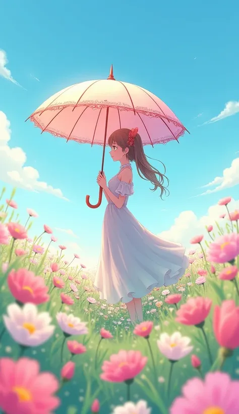 Anime character in a pastel umbrella standing in an endless field of blooming flowers under a clear spring sky