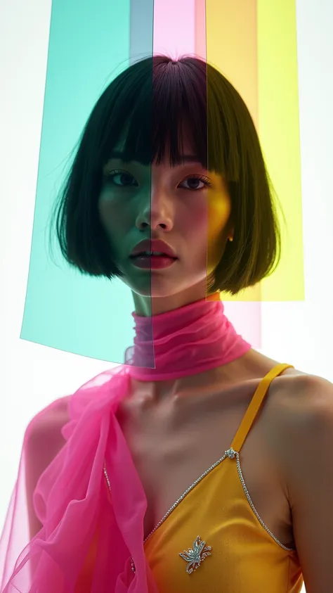 A striking conceptual portrait of a 20-year-old woman with a sleek, jet-black bob hairstyle. Her face is partially concealed by layers of vibrant, semi-transparent acetate sheets in teal, magenta, and yellow, creating a surreal effect. The avant-garde fash...